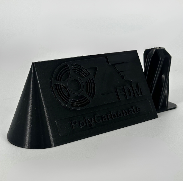 Black OzFDM PolyCarbonate print of a stand with an embossed OzFDM logo