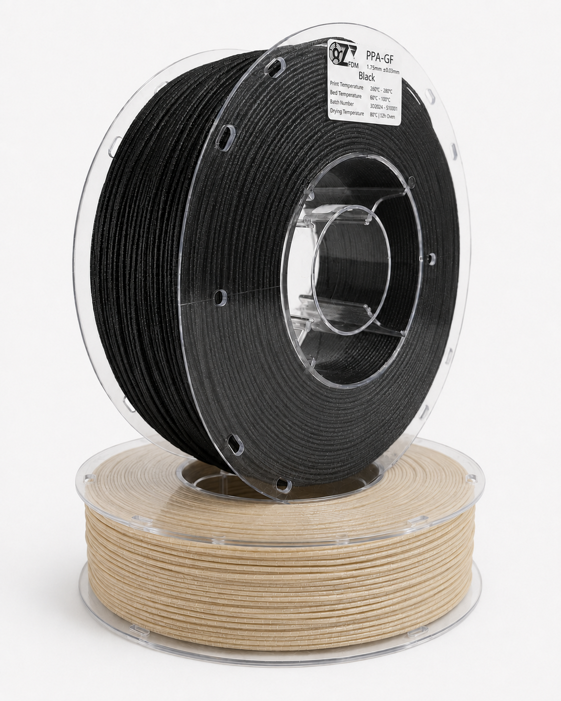 Two OzFDM PPA-GF spools, black and natural, stacked