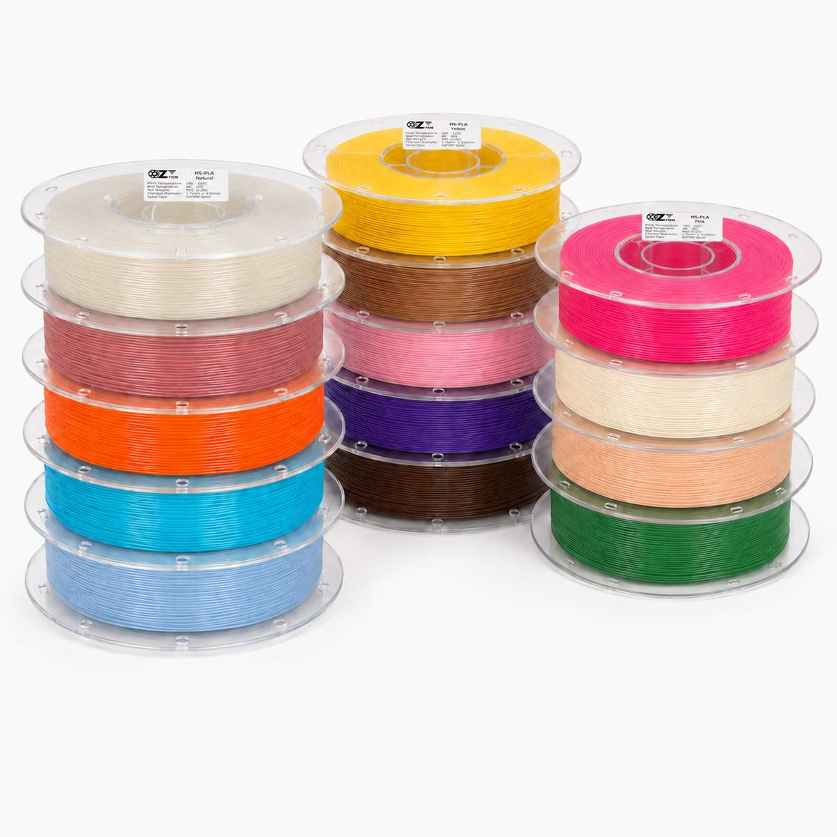 Stack of OzFDM High Speed PLA spools in pastel and neon shades