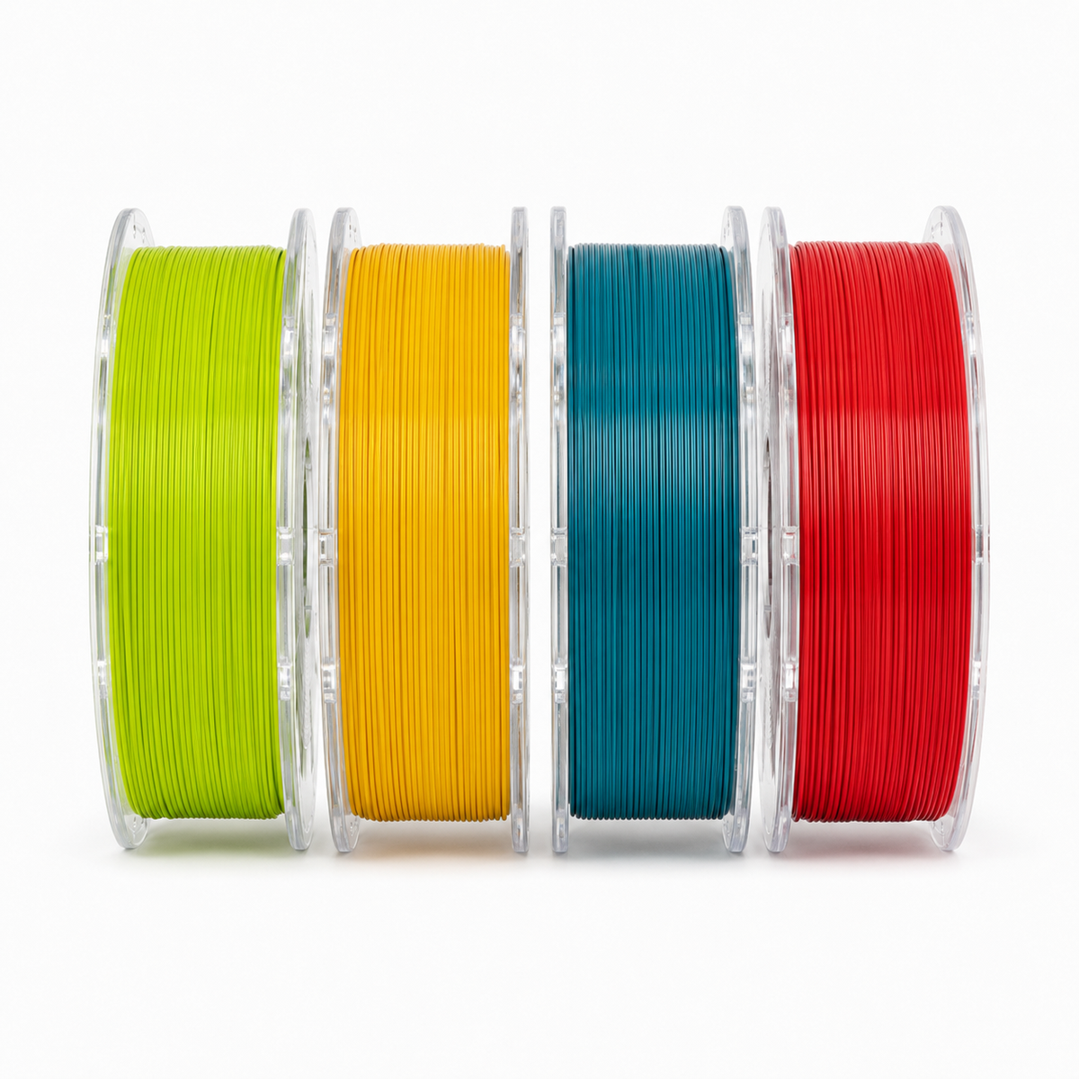 Four OzFDM PETG+ Power Tool Colours spools: lime green, yellow, teal and red
