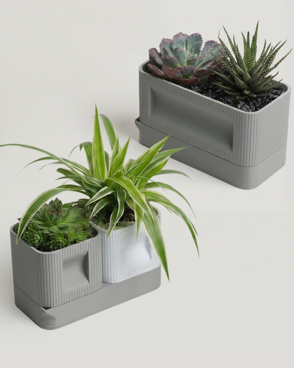 Aura DUO | Architectural Ribbed Square Planter with Hidden Drainage
