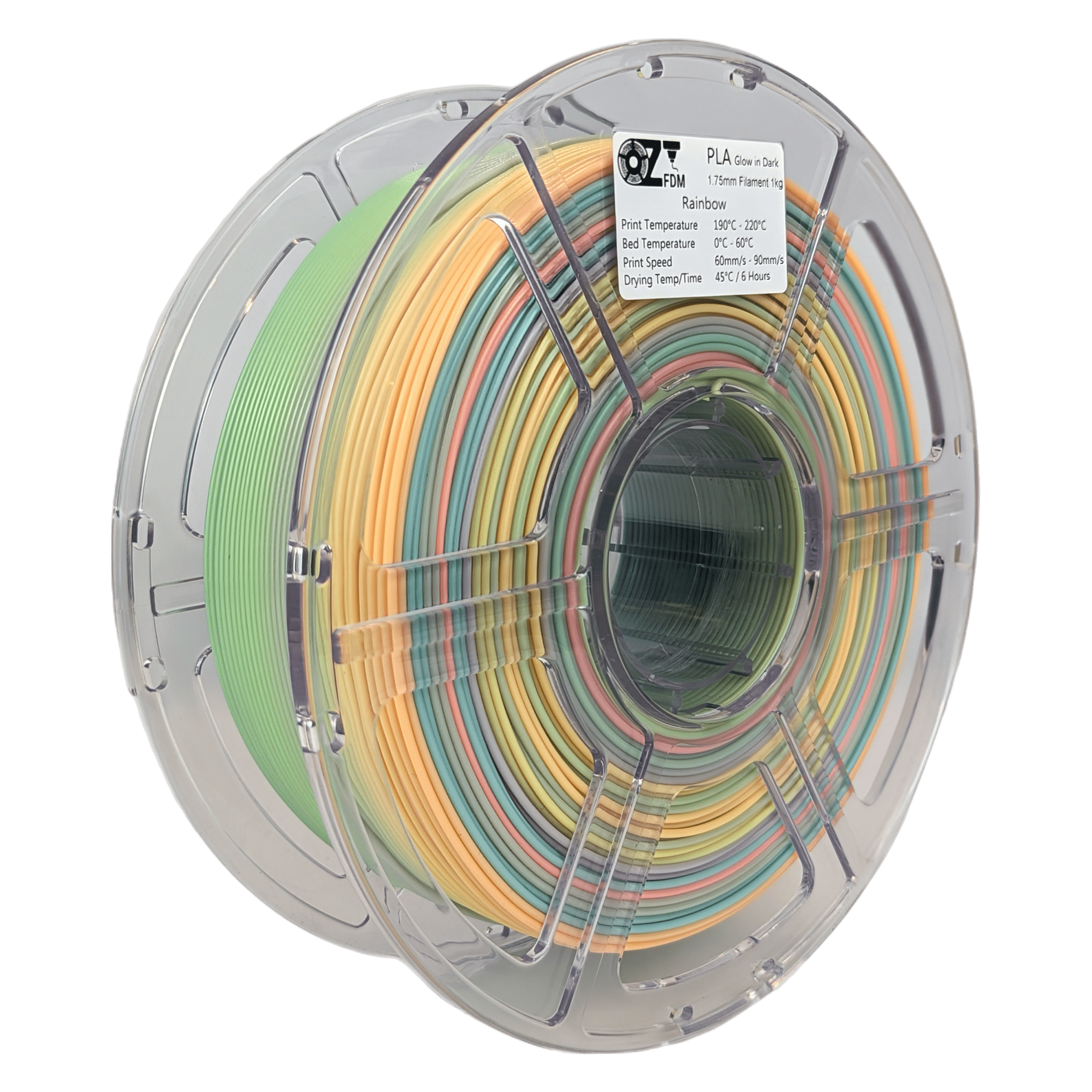 OzFDM PLA Glow in the Dark Rainbow 3D Printing Filament 1.75mm 1KG - OzFDM