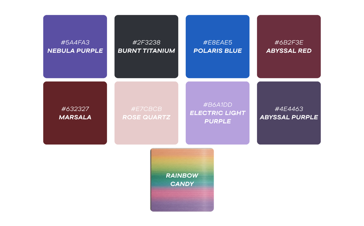 PLA Chameleon colour range chart with hex codes for all nine shades, including Nebula Purple, Noctiluca Blue and Rainbow Candy