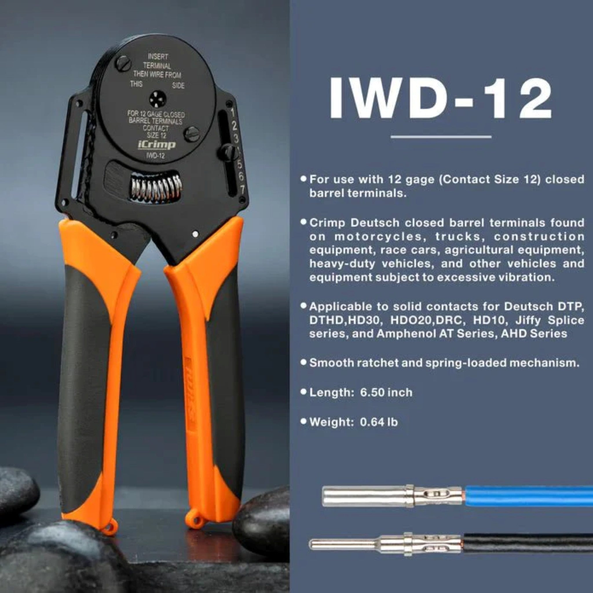 Iwiss IWD 12/16/20 Closed Barrel Crimper for Deutsch Solid Contacts Gauge 12 - 22 - OzFDM