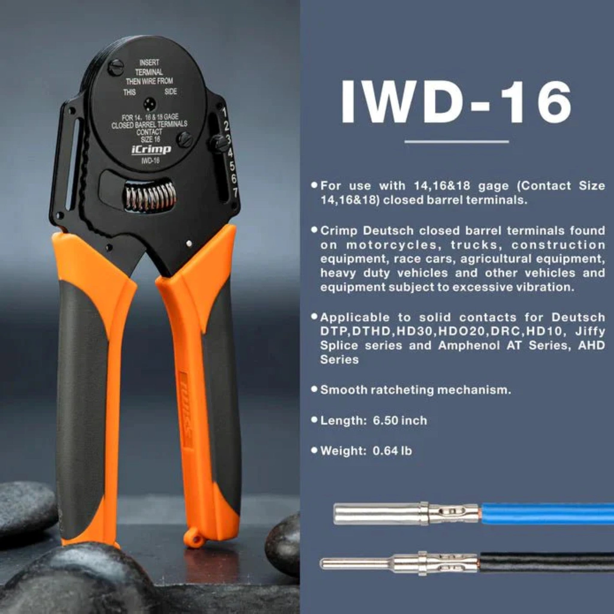 Iwiss IWD 12/16/20 Closed Barrel Crimper for Deutsch Solid Contacts Gauge 12 - 22 - OzFDM