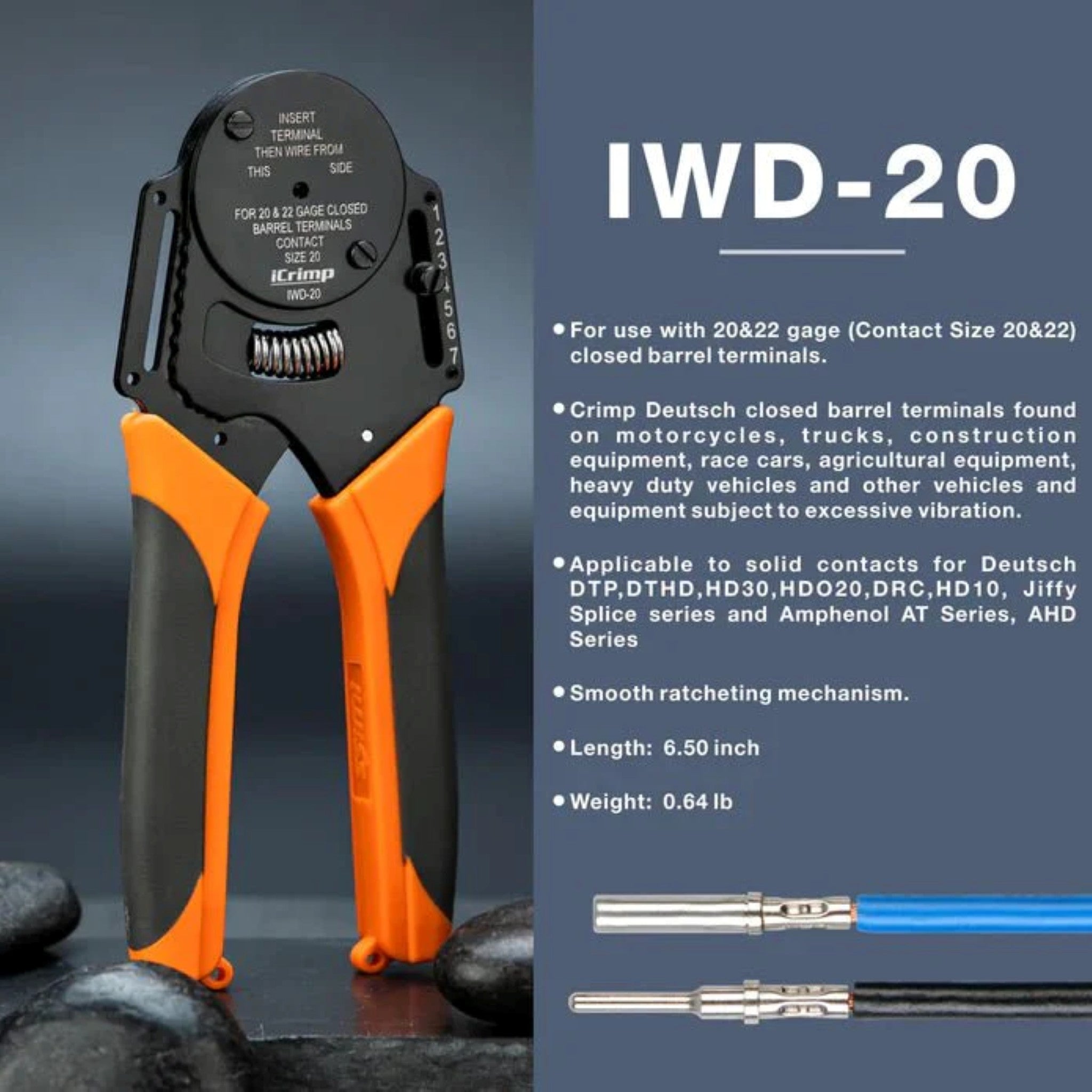 Iwiss IWD 12/16/20 Closed Barrel Crimper for Deutsch Solid Contacts Gauge 12 - 22 - OzFDM