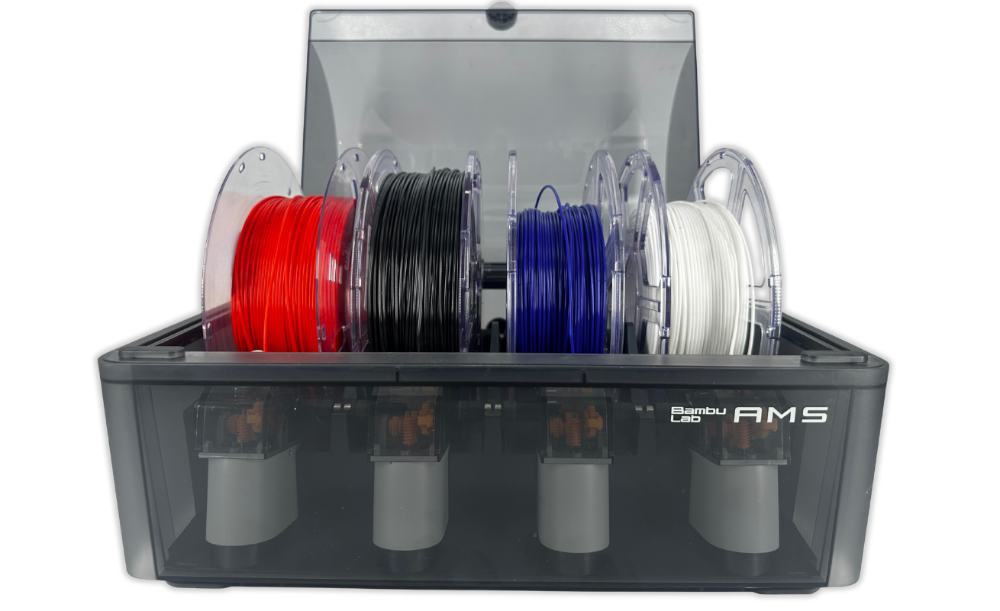 Four OzFDM filament spools loaded in a Bambu Lab AMS unit