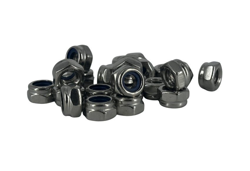 Pile of stainless steel nyloc nuts in mixed metric sizes
