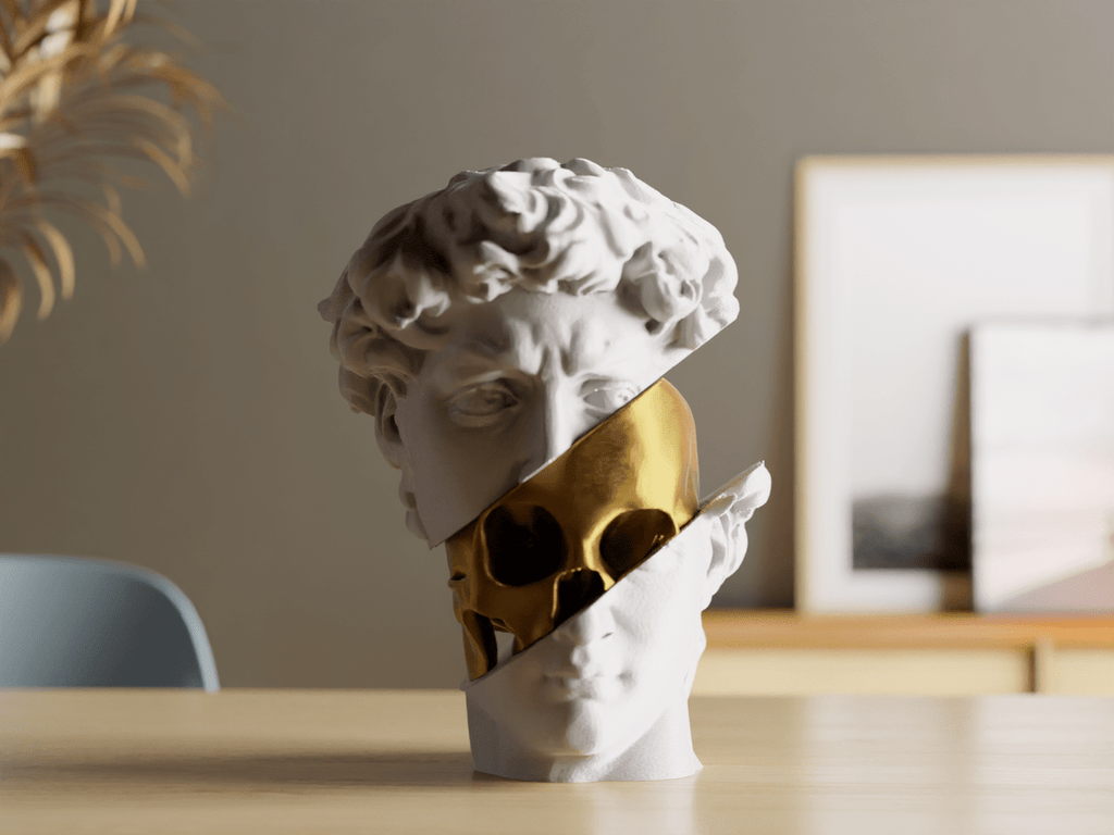 Golden Skull David Bust Sculpture, 3D Printed Home Decor