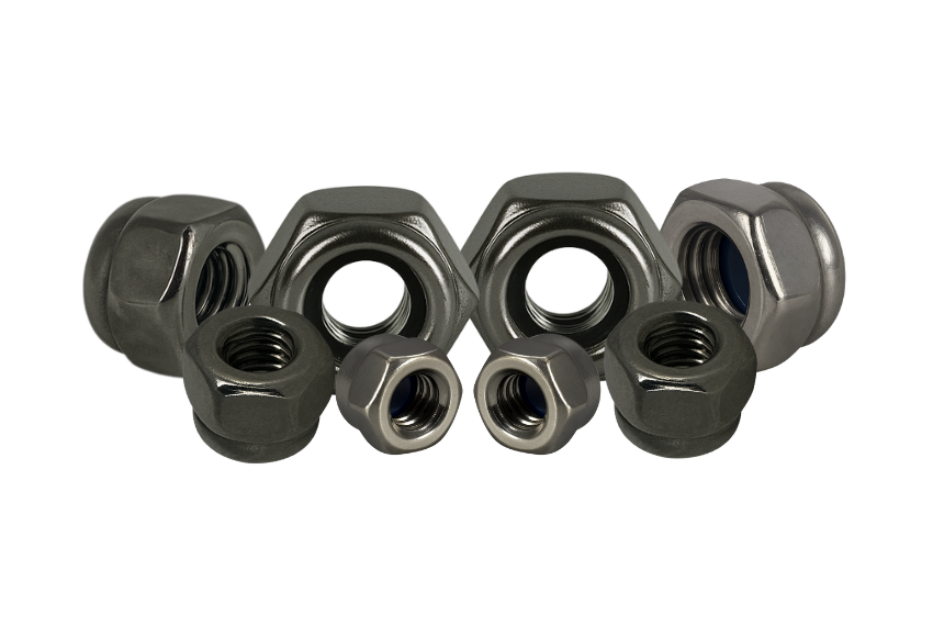 Close-up of stainless steel nyloc nuts showing the nylon locking insert