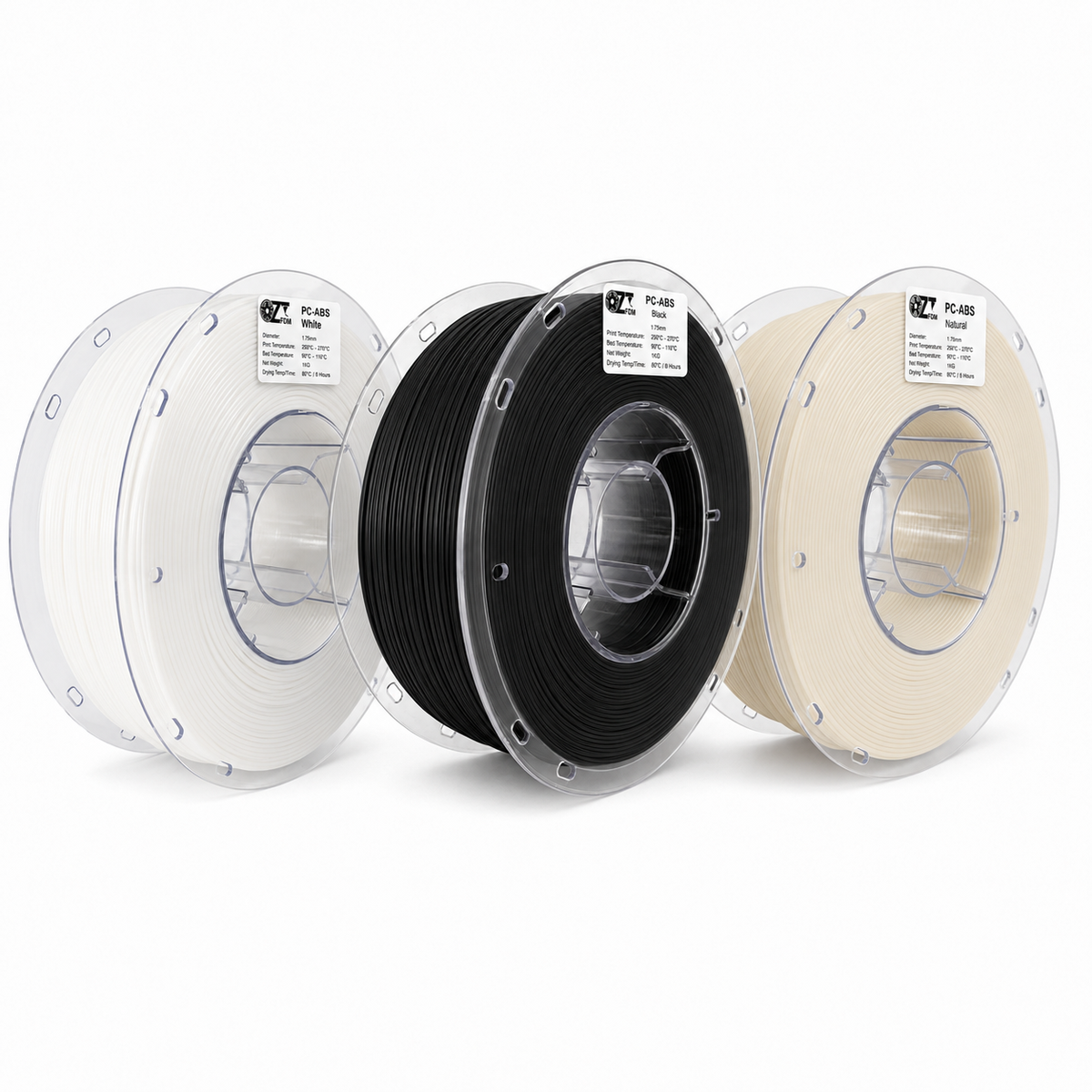 Three OzFDM PC-ABS spools in white, black and natural