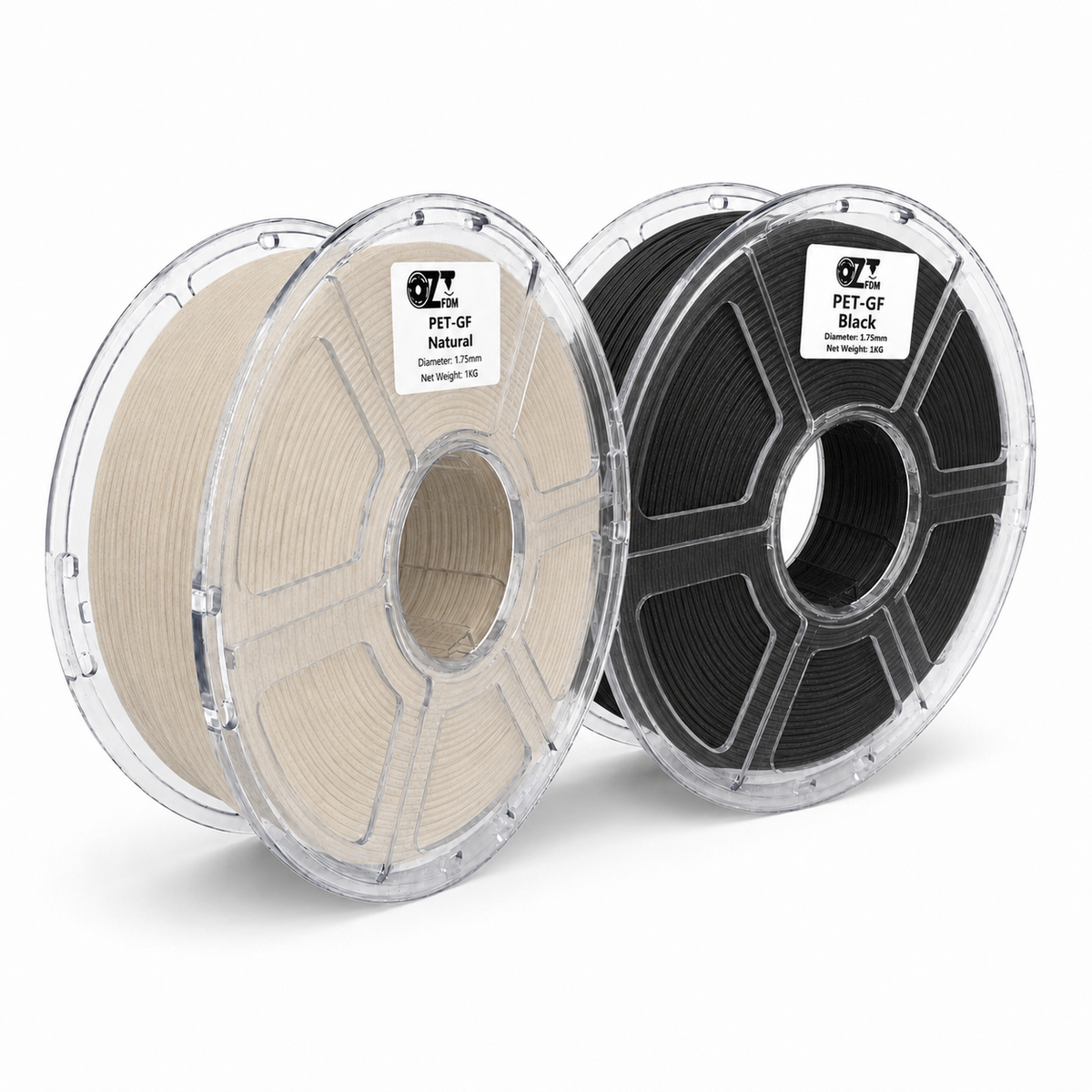 Two OzFDM PET-GF spools, natural and black