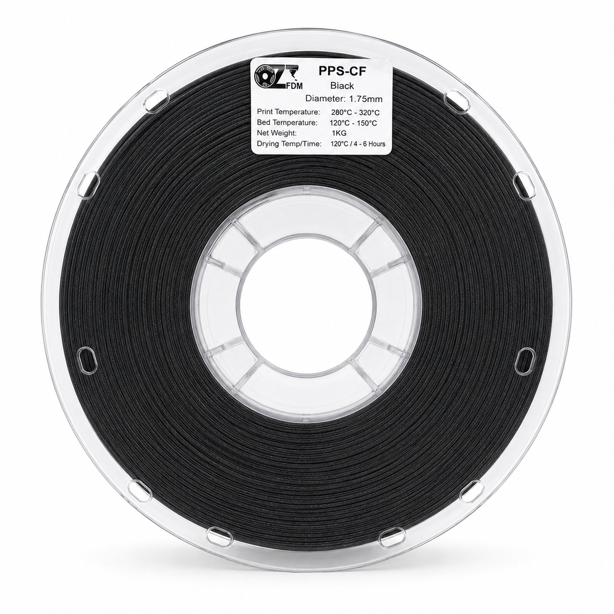 OzFDM PPS-CF black filament spool, front view