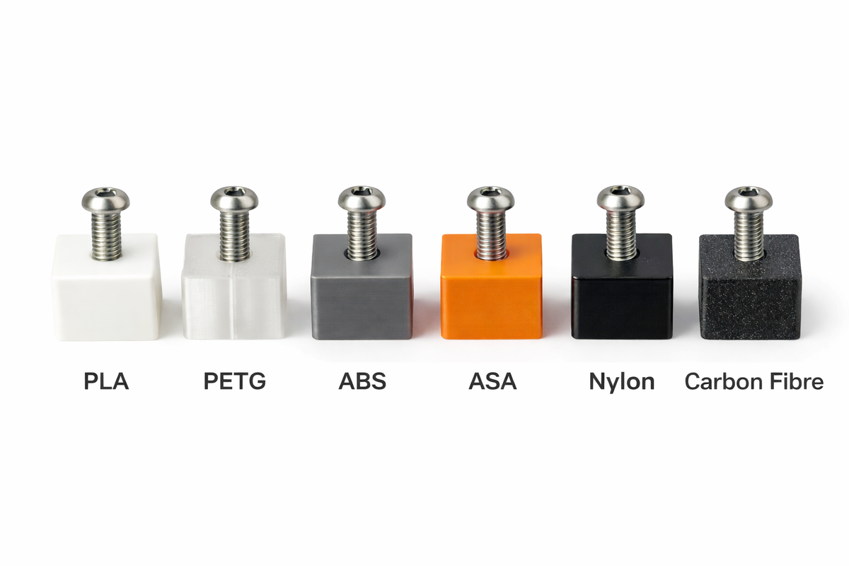 Button head socket screws fastened into PLA, PETG, ABS, ASA, Nylon and Carbon Fibre test blocks