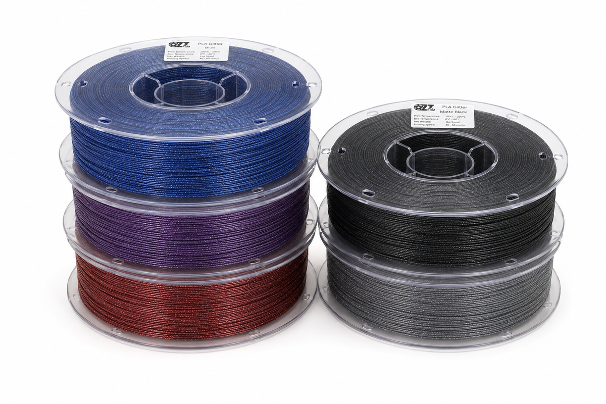 OzFDM PLA Glitter spools in blue, red and matte black