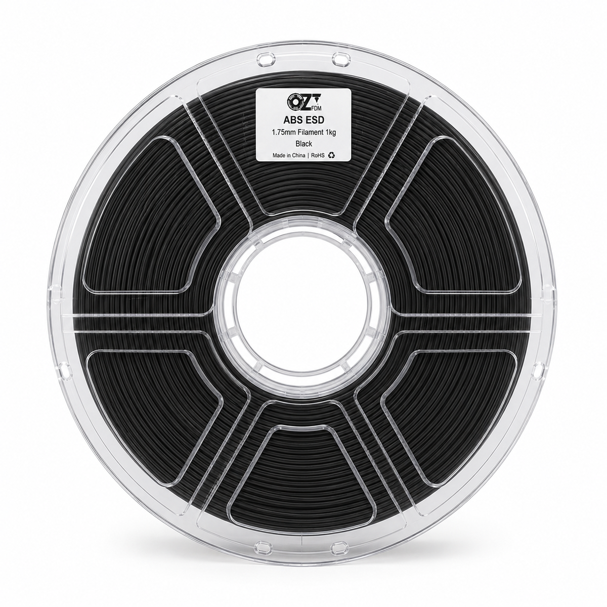 OzFDM ABS-ESD black filament spool, front view