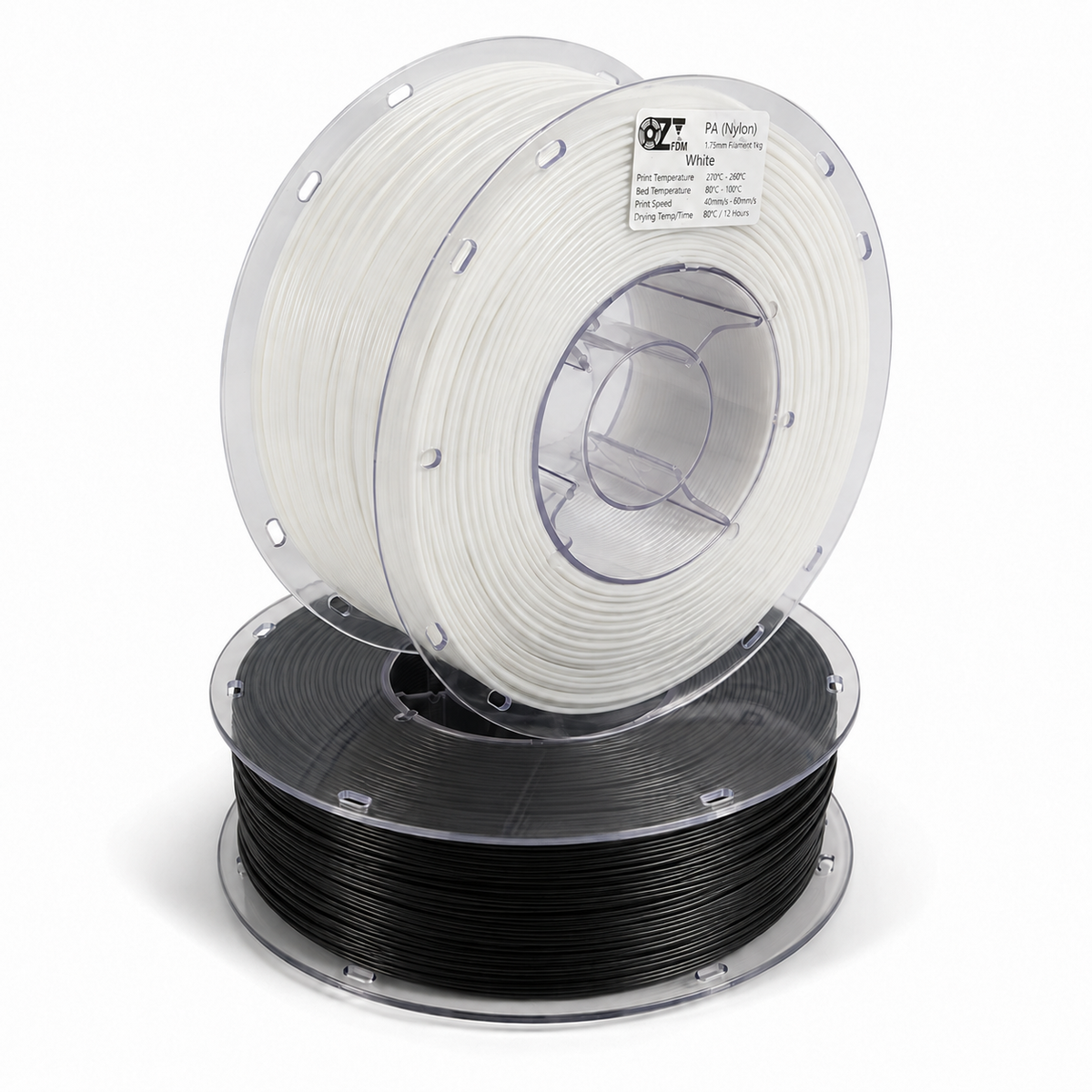 Two OzFDM PA6 Nylon spools, white and black, stacked