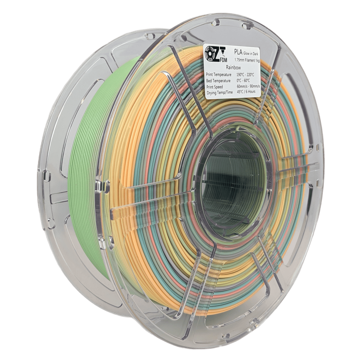 OzFDM PLA Glow in the Dark Rainbow 3D Printing Filament 1.75mm 1KG - OzFDM
