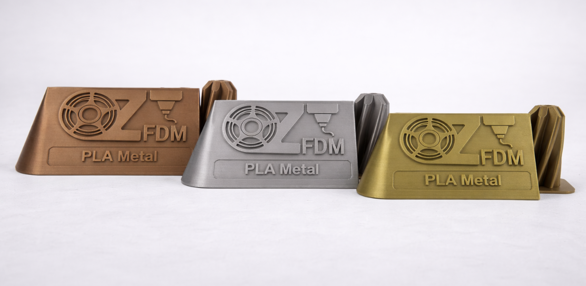 PLA Metal in all three shades: Copper, Aluminium and Gold (in order). OzFDM filament, printed by Global3D