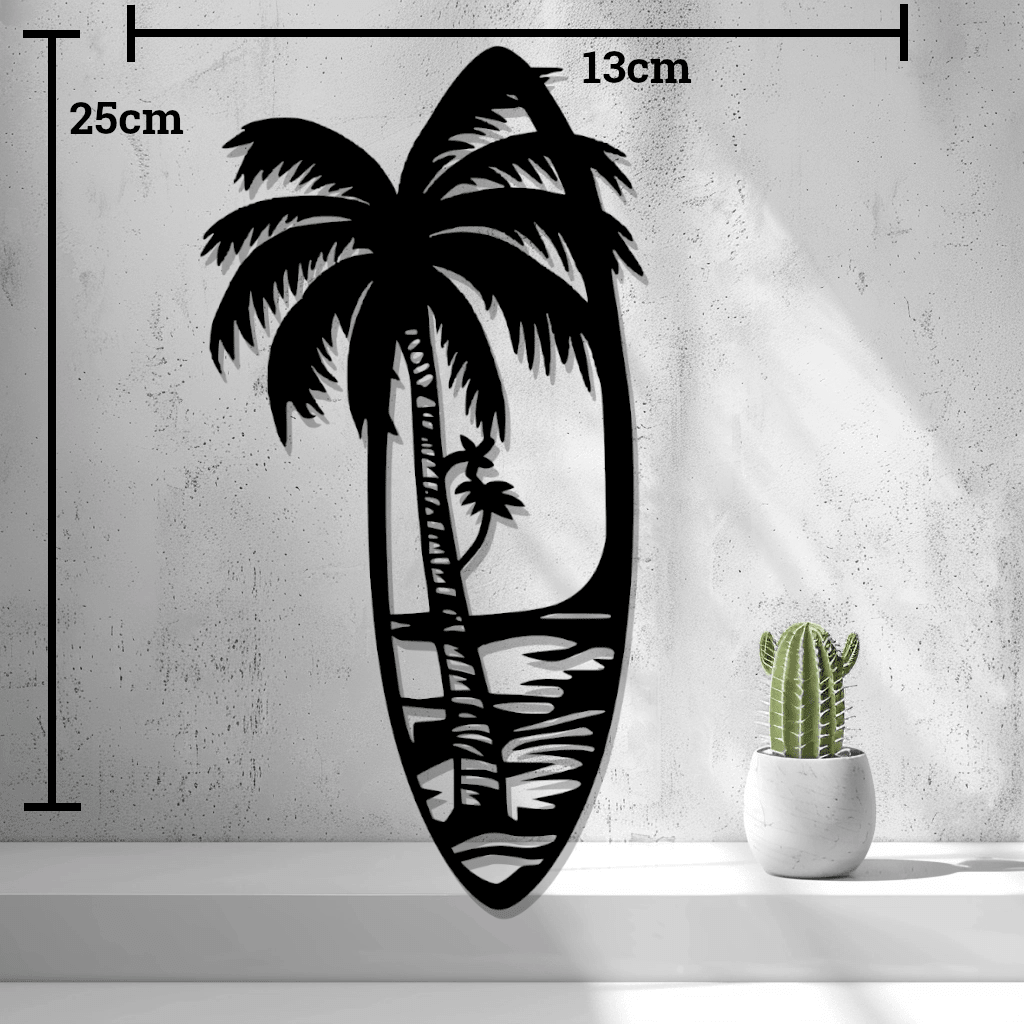 Surfboard Palm Tree Wall Art, 3D Printed Beach Decor Panel