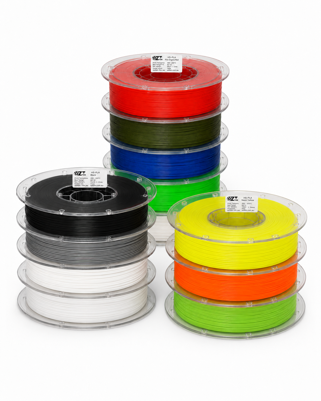 Stack of OzFDM High Speed PLA spools in red, brown, black, white, orange, green and yellow
