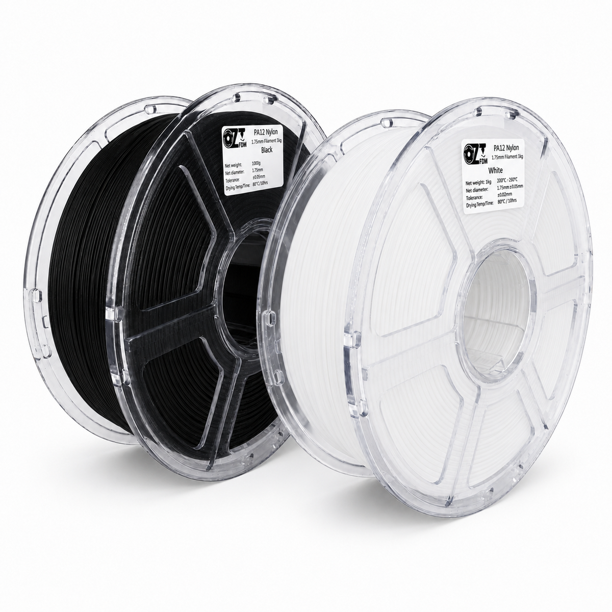 Two OzFDM PA12 Nylon spools, black and white