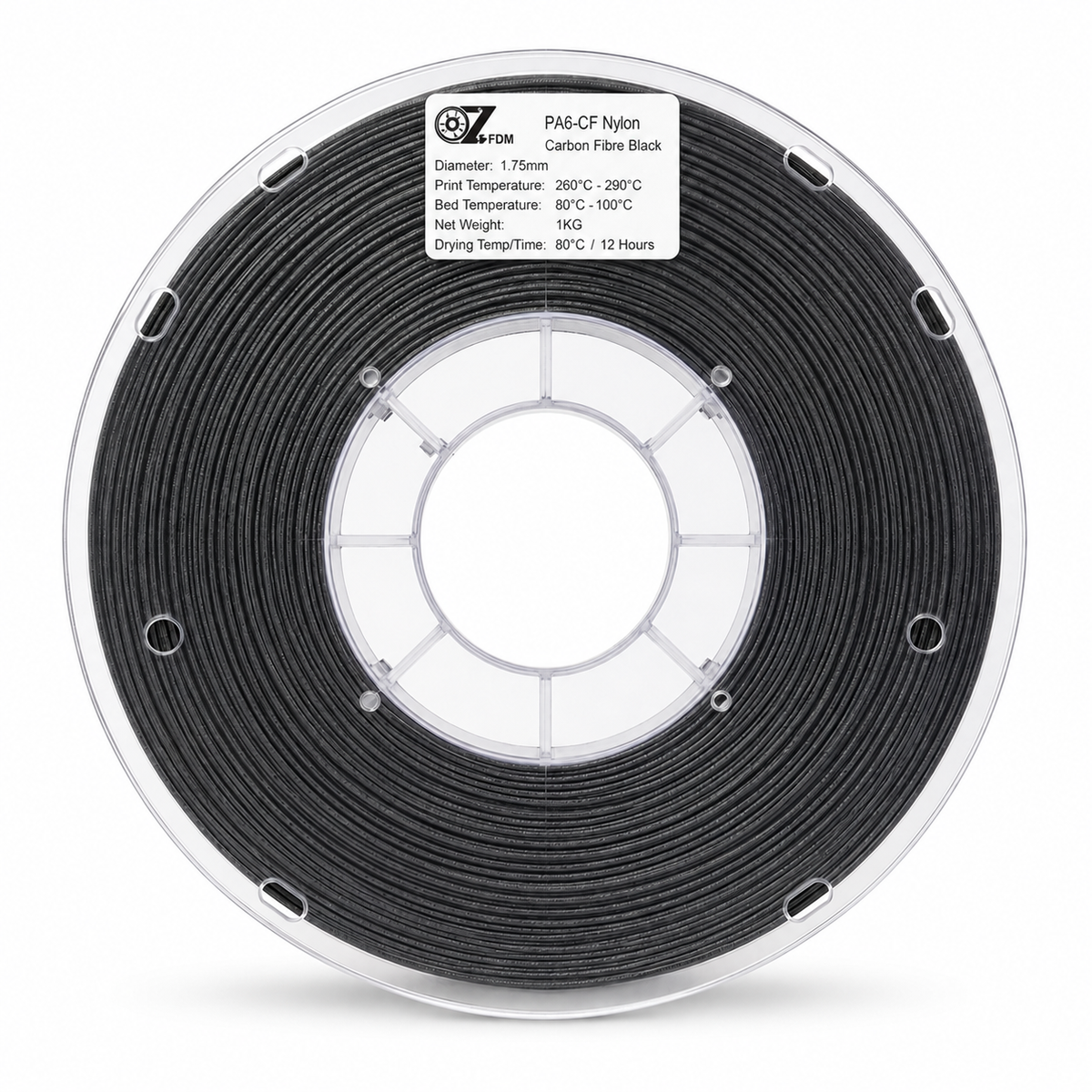 OzFDM PA6-CF filament spool in black carbon fibre nylon, front view