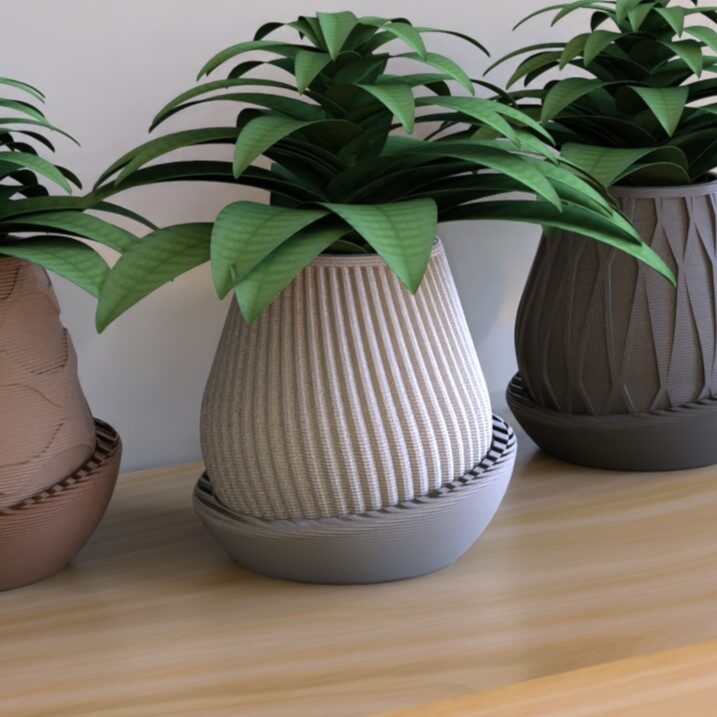 Fluted Teardrop Planter with Saucer, 3D Printed Plant Pot